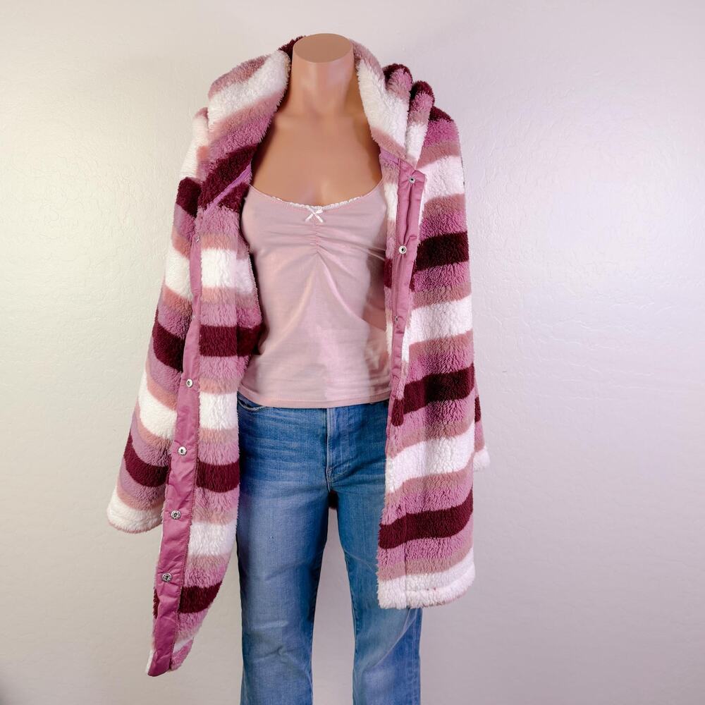Sherpa Cozy Striped Plush Fleece Coat Jacket Cottagecore Pink Burgundy 2X NWT